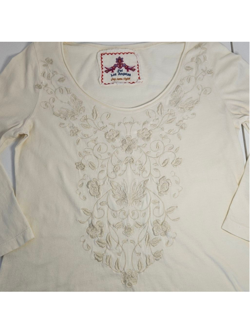 Johnny Was Tunic Top S Cream Embroidered 3/4 Sleeves Boho Floral - Picture 5 of 8